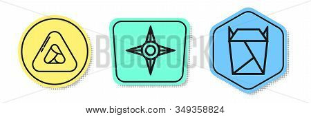 Set Line Sushi, Japanese Ninja Shuriken And Rstaurant Opened Take Out Box Filled. Colored Shapes. Ve