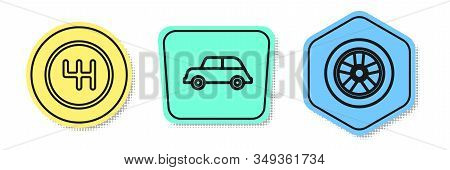 Set Line Gear Shifter, Car And Car Wheel. Colored Shapes. Vector