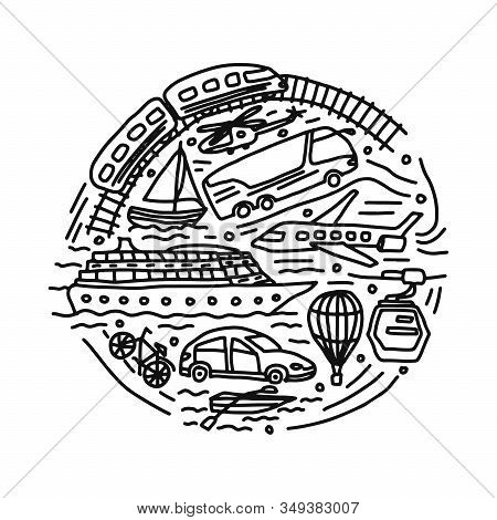 Transportation Different Vehicles Round Vector Doodle Illustration