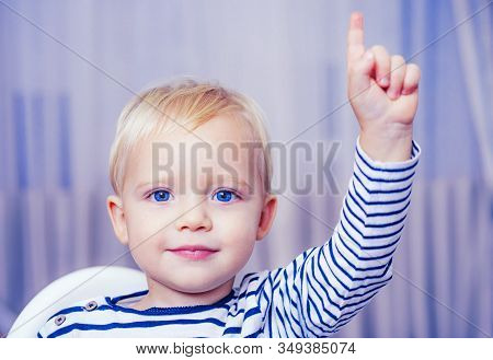 I Have Excellent Idea. Boy Cute Toddler Blue Eyes Pointing Upwards Index Finger. Creative Idea Conce