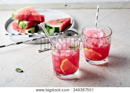 Summer Refreshing Watermelon Cocktail Agua Fresca With Mint And Lemon.