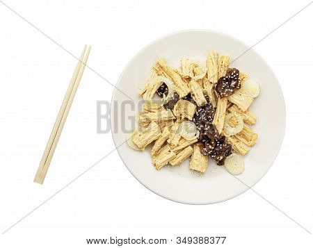 Spicy Chinese Or Korean Yuba Tofu Bamboo And Oyster Mushrooms On White Background.