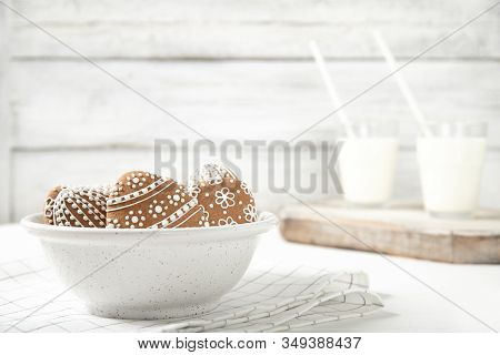 Plate With Easter Cookies And A Glass Of Milk. Easter. Easter Cookies. Place For Text.
