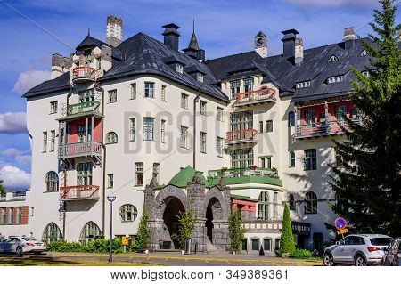 Imatra, Finland - June 23, 2018: Lights Of Imatra. Scandic Imatran Valtionhotelli, Hotel-castle, A P