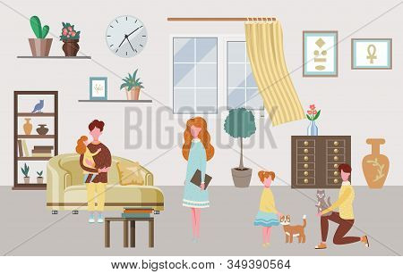Happy Family Characters At Home Interior Parents And Their Children In Living Room Vector Illustrati