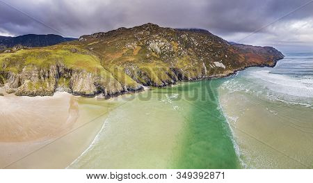 Aerial View Of The Beach And Caves At Maghera Beach Near Ardara, County Donegal - Ireland