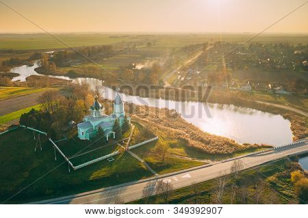 Krupets, Dobrush District, Gomel Region, Belarus. Aerial View Of Old Wooden Orthodox Church Of The H