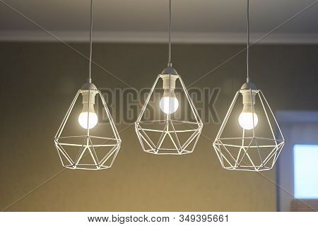 Three Designer White Wire Chandeliers. Indoor Light.