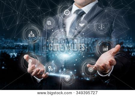 Businessman Showing A Structure Of Core Values In Business On Blurred Background.