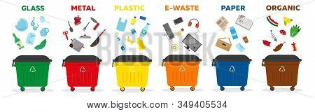 Waste Sorting Recycling Concept. Containers For Garbage Of Different Types: Glass, Paper, Matal, Pla