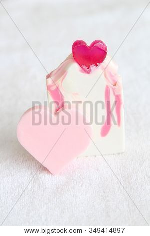 Valentine Heart Soaps On A White Towel