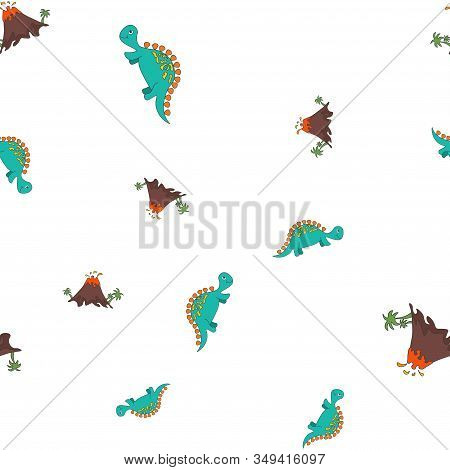 Seamless Pattern Of Dinosaurus Stegosaurus And Vulcano Eruption. Isolated On White Background. Vecto
