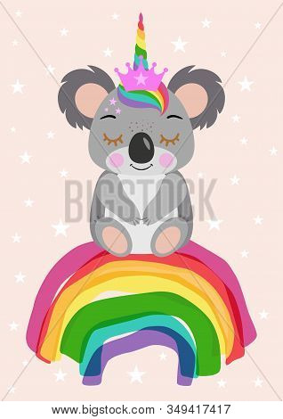 Scalable Vectorial Representing A Greeting Card With Cute Unicorn Koala Sitting On Rainbow, Element 
