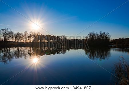 Mirror Forest Lake With Reflection In Winter Sunny Day, De Kempen Regio In North Brabant, Netherland