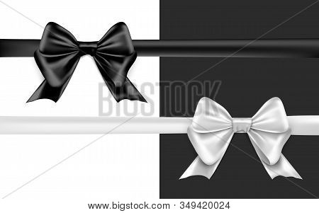 Black Silver Bow On White Background Greeting Card. Ralistic Black Ribbon Bow. Celebration Decoratio
