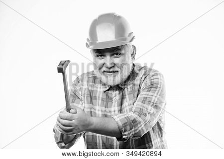 Repair Workshop. Repair Concept. Senior Foreman Worker. Home Improvement Repair. Man Bearded Laborer