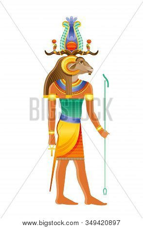 Khnum Egyptian God, Deity Of Nile Source, God With Ram, Sheep Head In Atef Crown. Creator God Of Hum