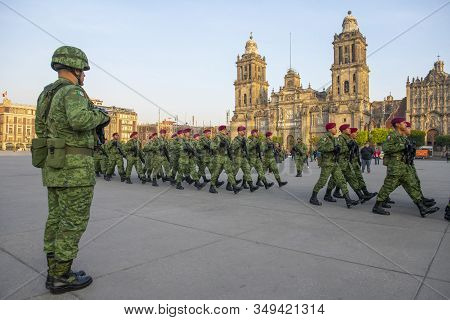 Mexico City - Jan. 15, 2020: Raising Flag Guard Of Honor March On Zocalo At Historic Center Of Mexic