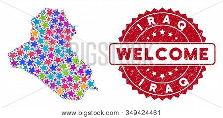Color Iraq Map Mosaic Of Stars, And Textured Rounded Red Welcome Seal. Abstract Territorial Scheme I