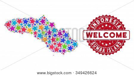 Color Sumba Island Map Mosaic Of Stars, And Distress Round Red Welcome Stamp. Abstract Geographic Sc