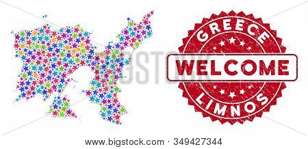 Color Limnos Greek Island Map Collage Of Stars, And Distress Rounded Red Welcome Stamp. Abstract Ter