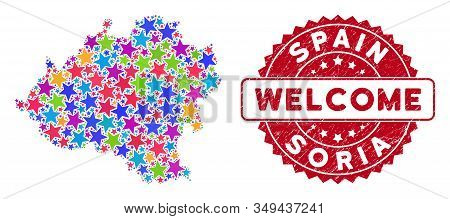 Colorful Soria Province Map Mosaic Of Stars, And Textured Rounded Red Welcome Seal. Abstract Territo