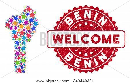 Colorful Benin Map Collage Of Stars, And Scratched Round Red Welcome Seal. Abstract Territory Plan I