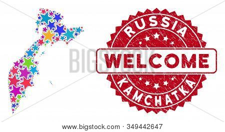 Bright Kamchatka Map Composition Of Stars, And Scratched Rounded Red Welcome Stamp. Abstract Territo