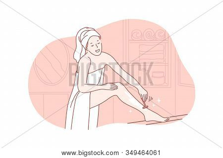 Beauty, Skincare, Depilation Concept. Young Cheerful Woman In Towel On Body And Head Does Depilation