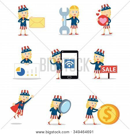 Set Character Of Uncle Sam Woman Ver In Patriotic Symbol In Usa.
