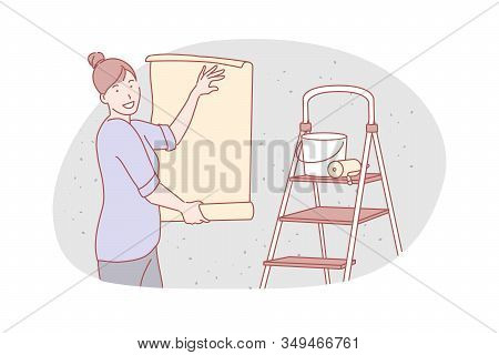 Repairing Flat, Service Wallpapering Concept. Young Housewife Does Wallpapering. Happy Woman Makes R