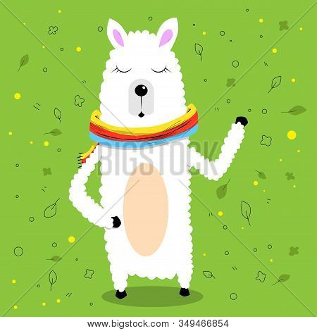 Vector Cartoon Waving Lama Wearing A Scarf On Green Background.
