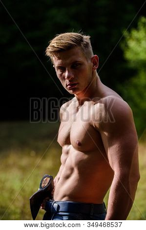 Sport And Fitness. Muscular Body. Handsome Shirtless Man Muscular Body. Strength And Power Concept. 