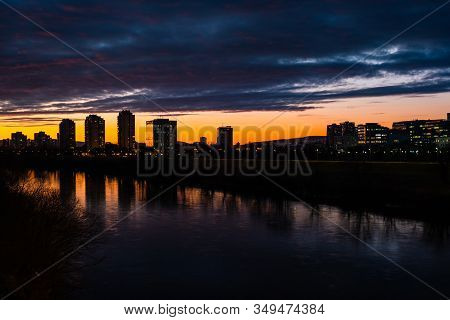 Sunset Over Sava River In Zagreb, Croatia, Dramatic Cloudy Sky