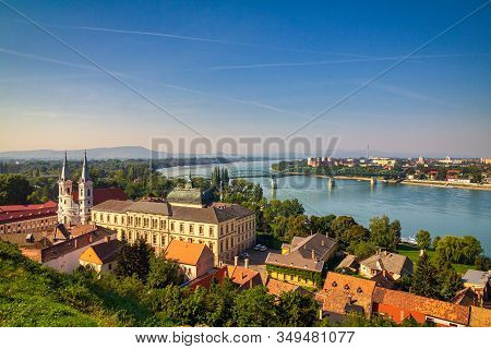 View Of The Historic Town From The Esztergom Basilica In Hungary. The Danube River And The Border Br