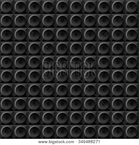 Vector Geometric Seamless Pattern Black Circles On Black Squares, Stylized Disco Speakers Subwoofers