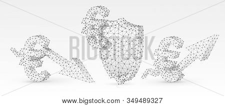 Security Shield With Euro, Growth And Downtrend Arrow Symbols Set. Abstract Polygonal Money Protecti