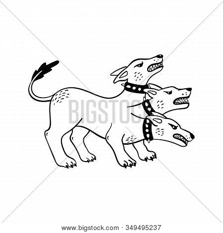 Magical Creatures Set. Mythological Animal - Cerberus. Doodle Style Black And White Vector Illustrat