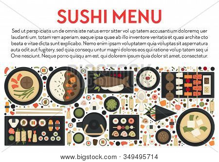 Sushi Menu And Japanese Food Banner, Seafood And Green Tea