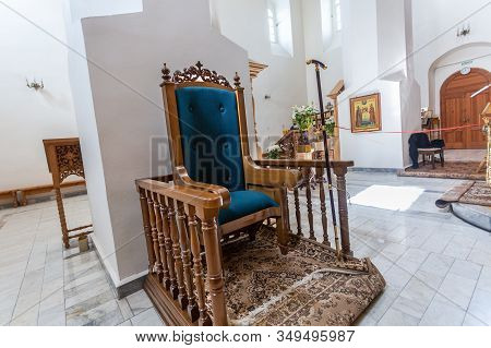 Veliky Novgorod, Russia - August 23, 2019: Russian Orthodox Church. Interior Of The Nicolo-vyazhishc