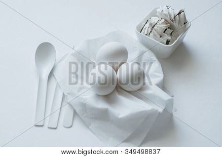 Protein Breakfast, Eggs And Merinques On White Kitchen Table