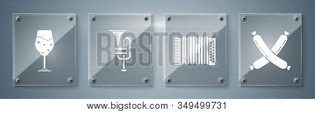 Set Crossed Sausage, Musical Instrument Accordion, Musical Instrument Trumpet And Glass Of Beer. Squ