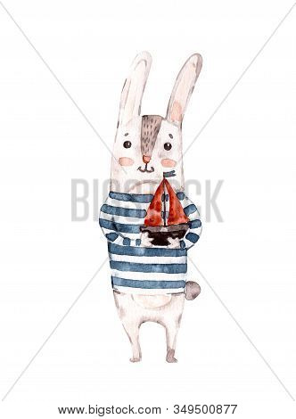 Cute Sailor Rabbit, Bunny Hand Painted Watercolor Illustration Isolated On White. Nursery Handpainte