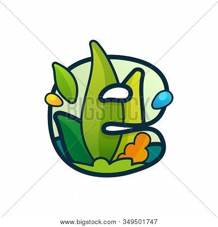 E Letter Eco Logo With Green Leaves And Dew Drops. Vector Ornate Typeface For Natural Labels, Organi