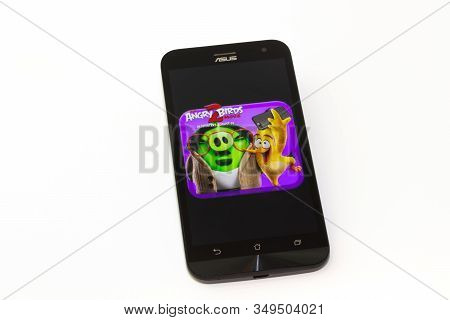 Kouvola, Finland - 23 January 2020: Game Angry Birds Logo On The Screen Of Smartphone Asus