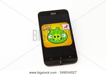 Kouvola, Finland - 23 January 2020: Game Angry Birds Logo On The Screen Of Smartphone Asus