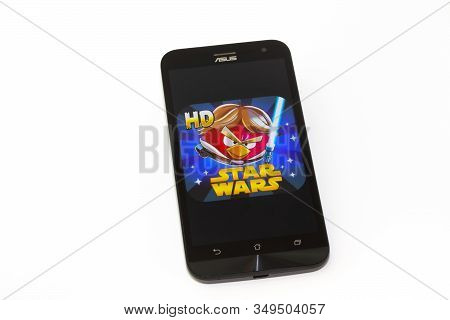Kouvola, Finland - 23 January 2020: Game Angry Birds Logo On The Screen Of Smartphone Asus