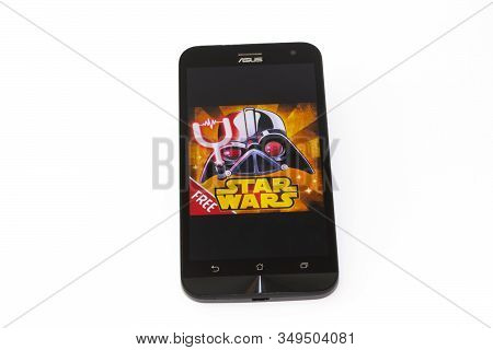 Kouvola, Finland - 23 January 2020: Game Angry Birds Logo On The Screen Of Smartphone Asus