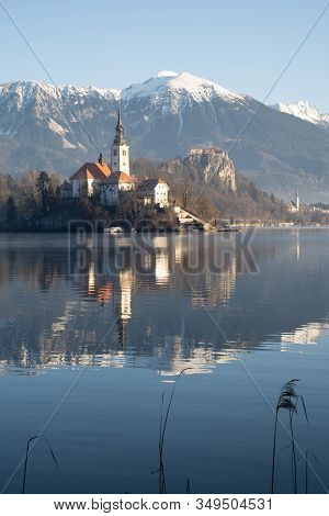 Lake Bled Church Island In Slovenia Reflected On The Water. Bled Castle Can Be Seen In The Backgroun