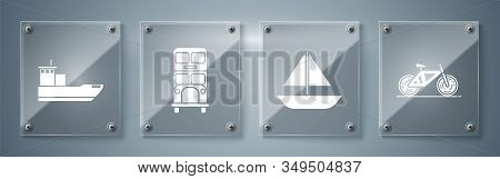 Set Bicycle, Yacht Sailboat Or Sailing Ship, Double Decker Bus And Cargo Ship. Square Glass Panels. 